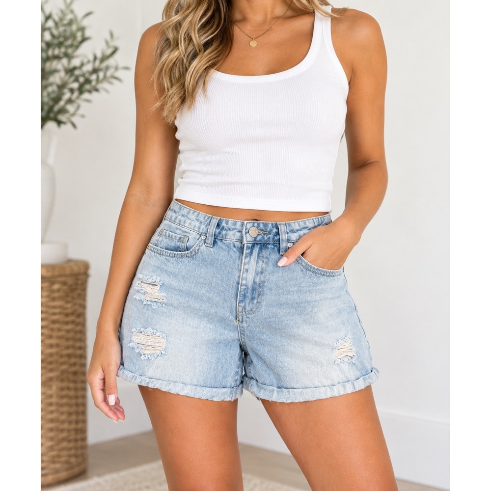 YMI Dream Distressed Denim Shorts Light Wash Blue Elastic Waist Cuffed XL